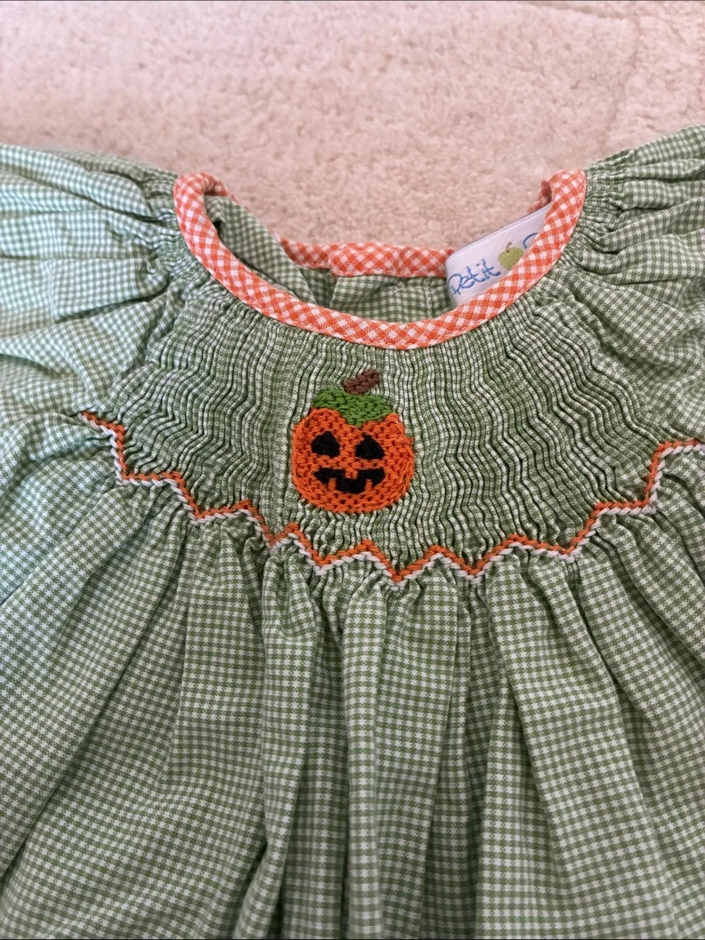 Green Gingham Matching Set with Pumpkin Embroidery
